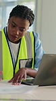 Architecture, documents and black woman on laptop for construction, floor plan and building project. Computer, contractor and person with blueprints for inspection, infrastructure and renovation