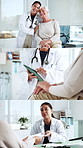 Hospital, collage and doctor with senior woman in consultation, checkup and appointment. Healthcare, portrait and person with elderly patient for diagnosis, medical service and tablet for results