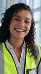 Engineer, face and woman with smile for contractor, confidence and service for building renovation. Architect, portrait and worker for urban planning, agency and about us for project management
