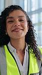 Engineer, face and woman with laptop for smile, floorplan and blueprint for building renovation. Architect, portrait and worker with tech for urban planning, agency or document for project management