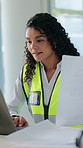 Architecture, paperwork and woman on laptop for construction, floor plan or building project. Engineer, contractor and person on computer with blueprints for inspection, infrastructure and renovation