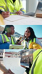 City, architect and women with tablet, teamwork and planning for property development and discussion. Civil engineer, writing and people with blueprint for site inspection, series and architecture
