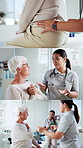 Physiotherapy, collage and woman with senior patient for rehabilitation, wellness and medical service. Healthcare, retirement and physical therapist with person for recovery, support and mobility