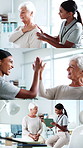 Physiotherapy, collage and senior woman consulting for rehabilitation, wellness and medical service. Healthcare, high five and physical therapist with patient for recovery, support and mobility