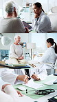 Hospital, collage and doctor talking to old woman in consultation, checkup and appointment. Healthcare, portrait and person with elderly patient for diagnosis, medical service and tablet for results