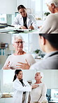Hospital, collage and doctor with old woman in consultation, checkup and appointment for chest. Healthcare, stethoscope and person with elderly patient for diagnosis, medical service and wellness