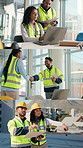 Office, architect and team with tablet, handshake and happy for property development and discussion. Civil engineer, online and people with clipboard for inspection, series and architecture in city
