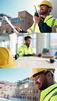 Outdoor, architect and happy man with radio, discussion and planning for construction with blueprint. Civil engineer, series and person with checklist for inspection, flare and architecture in city