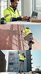 Outdoor, architect and man with radio, discussion and plan for property development and construction. City, civil engineer and person with clipboard for site inspection, series or architecture on web