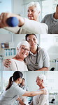 Physiotherapy, collage and senior woman with weights for rehabilitation, wellness and medical service. Healthcare, portrait and physical therapist with patient for recovery, support and mobility