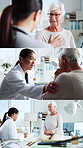 Collage, talking and doctor with senior woman in consultation, checkup and appointment. Healthcare, hospital and person with elderly patient for diagnosis, medical service and advice in clinic