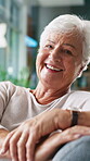 Laughing, face and old woman in nursing home, healthcare and happy for retirement and rehabilitation. Portrait, elderly patient and senior person with smile for wellness, confident and health in USA