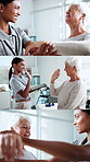 Physiotherapy, collage and senior woman for rehabilitation, wellness and medical service. Healthcare, retirement and physical therapist with patient for recovery, support and mobility exercise