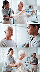 Physiotherapy, collage and doctor with old woman for consulting, wellness and medical service. Healthcare, retirement and physical therapist with patient for recovery, support and mobility exercise