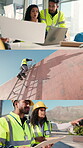 City, architect and team with clipboard, series and planning for property development with blueprint. Outdoor, civil engineer and happy people with tech for architecture, collaboration or real estate