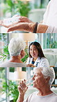 Doctor, pills and drinking water with old woman in home for medicine collage, consulting and advice. Healthcare, medical and specialist with senior person in living room of house for prescription