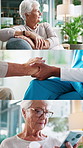 Healthcare, collage and caregiver with senior woman for support, comfort or medicine for wellness. Retirement, phone and nurse with elderly patient for consulting, medical service and assisted living