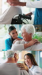 Collage, healthcare and nurse with senior woman for support, consulting and medical service. Retirement, doctor and caregiver with elderly person with disability for checkup, wellness and help