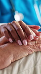 Holding hands, support and nurse with senior woman in nursing home for comfort with medical results. Empathy, compassion and caregiver with elderly female patient in retirement for healthcare.