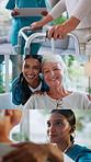 Nurse, old woman and series in home for retirement with healthcare services, selfie and checkup in lounge. Elderly patient with disability, caregiver or smile with stethoscope for breathing in house