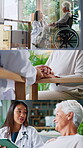 Hospital, doctor and support for old woman in wheelchair, healthcare or talking with elderly patient. Happy, medical professional and holding hands for senior person, series and diagnosis on website