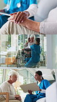 Nurse, old woman and series in home with tablet for healthcare report, explain or clipboard in lounge. Elderly patient with disability, caregiver or talk with holding hands, app or high five in house