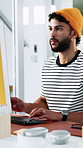Typing, man and computer in office for editor, article planning and research with source. Journalist, male person and creative agency with tech for networking, story feedback and project update