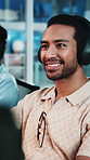 Headphones, reading and man with dance in office, planning app update and streaming music for smile. Listening, audio tech and programmer with idea for software maintenance, radio and system review 