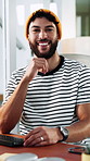 Smile, professional and face of businessman in office with confidence for creative career. Happy, entrepreneur and portrait of male magazine editor with pride for publishing job growth at startup.