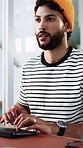 Typing, man and computer in office for journalist, article planning and research with source. Editor, male person and creative agency with tech for networking, story feedback and project update