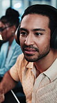 Headphones, dancing and man with reading in office, planning app update or streaming music for smile. Listening, audio tech and programmer with idea for software maintenance, radio and system review