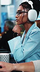 Headphones, thinking and woman with programming in office, planning app update and streaming music. Listening, tech and developer with idea for software maintenance, radio or system review for coding