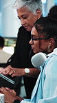 Manager, people and conversation in office with tablet, editing advice and news review for publication. Management, opinion and women in agency with tech, teamwork and journalist research for story.