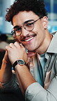 Creative, face and man with smile in office for journalism, career ambition or about us pride. Glasses, journalist and laughing at coworking agency for news reporting, publishing industry and growth