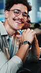 Laptop, face and man with smile in office for journalism, copywriting project or about us confidence. Glasses, journalist and tech at coworking agency for news reporting, creative writing and editing