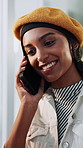 Smile, woman and phone call in office for journalist, article planning and chat with source. Communication, female person and creative agency with tech for schedule, story feedback and contact