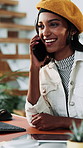 Happy woman, web designer or phone call with computer in office for business discussion or chat. Female person, creative employee or smile with smartphone for conversation or feedback in workplace