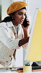 Computer, woman and phone call in office for editor, article planning and chat with source. Communication, female journalist and creative agency with tech for schedule, story feedback and contact