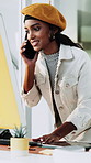 Computer, woman and phone call in office for journalist, article planning and chat with source. Communication, female person and creative agency with tech for schedule, story feedback and contact