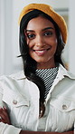 Happy, crossed arms and face of businesswoman in office with confidence for creative career. Smile, entrepreneur and portrait of female magazine editor with pride for publishing job growth at startup