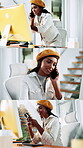 Texting, montage or journalist in office with phone call, networking or source feedback on article. Collage, Indian woman or copywriter with tech, verify info or industry connection for publication.