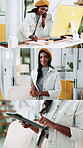 Creative, series and woman with tech in office, phone call and planning for design assignment on web. Graphic designer, face and person with tablet for research, multitasking and talk with mobile