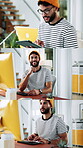 Creative, series and man with tech in office, laughing and planning for design assignment on website. Graphic designer, face and person with tablet for research, multitasking and humor for project