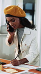 Woman, secretary or writing with phone call in office for schedule reminder or planning. Female person, administrator or event planner talking with smartphone for business tasks or ideas in workplace