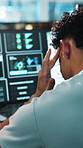 Man, programmer and headache with computer for eye strain, fatigue or overworked in office. Back view, male person or software developer with migraine, sore ache or stress for burnout in workplace