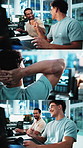 Series, fist bump and business men with tech for advice, discussion and digital agency. Computer, celebration and team in office for web design, project management or chat for software development