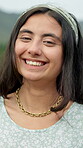 Relax, face and woman with laughing outdoor for holiday travel, weekend break and tourism. Happy, girl and funny portrait in nature for vacation getaway, positive attitude or fresh air in countryside