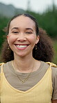 Relax, face and woman with smile outdoor for countryside travel, weekend break and tourism. Happy, girl and holiday portrait in nature for vacation trip, positive attitude or fresh air in environment