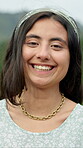 Relax, face and girl with laughing outdoor for holiday travel, weekend break and tourism. Happy, woman and funny portrait in nature for vacation getaway, positive attitude or fresh air in countryside