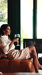 Thinking, sofa and woman with wine in home on weekend, good mood and chill on break. Relax, happy and mature person with alcohol, drink and glass for calm, reflection or daydreaming in luxury house